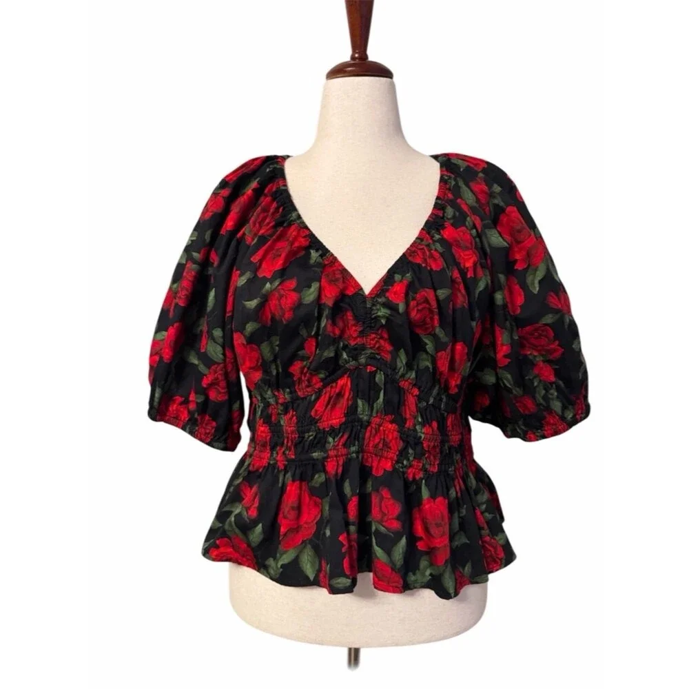 Old Navy Floral Smocked Babydoll Top XL Red Rose Print Puff Sleeve Boho